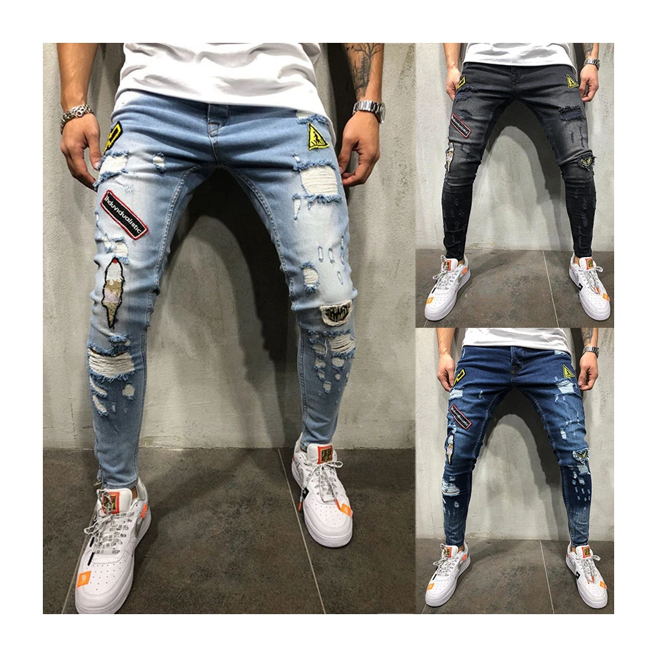 
Ripped Skinny Jeans China Factory Custom Wholesale Made High Quality Popular Mens Pants Plain Light STREET Cotton 