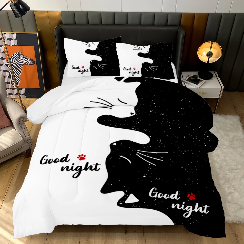 Cartoon Black White Cats Bedding Set 3D Printed Comforter Set for Adults Quilt Set with 2 Pillowcase