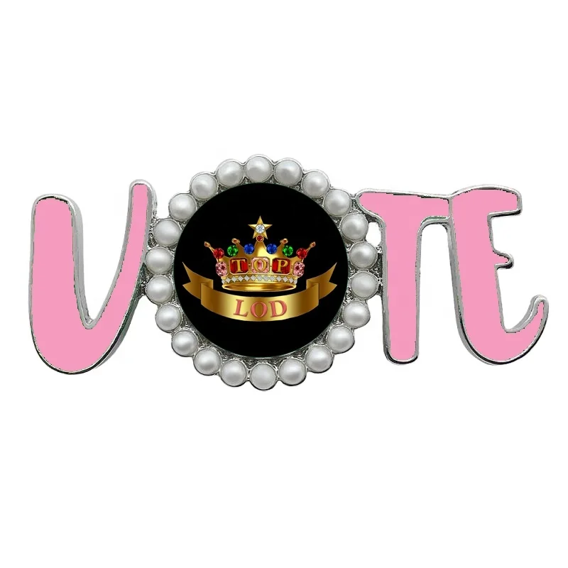 Metal custom new special TLOD VOTE sorority crown brooch with pearl print logo enamel women pins lady jewelry