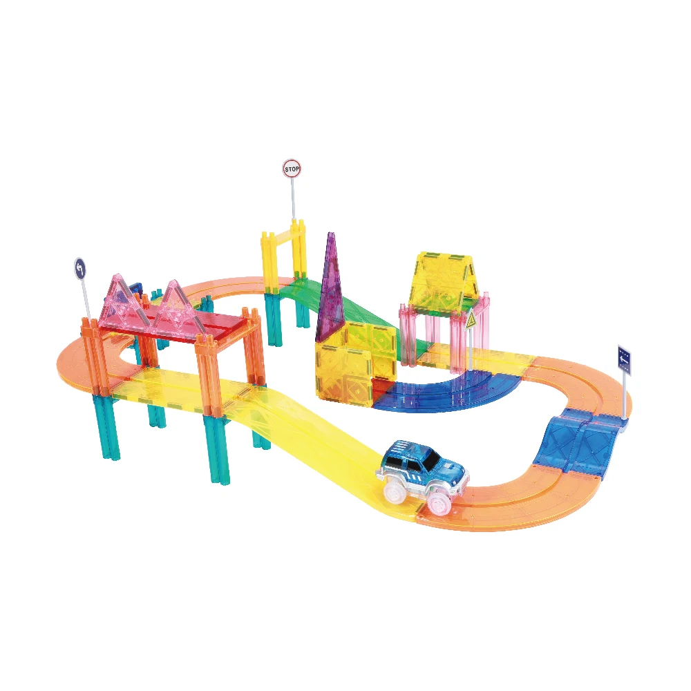 2024 Latest Educational Race Car Track Toys for Kids 55 Pcs Magnet Tiles Guangdong Sets Plastic Toy Soldiers Building Blocks Car