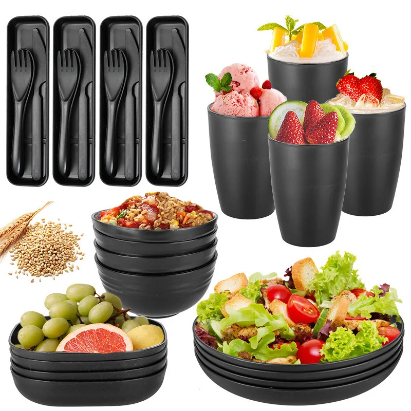 wheat straw tableware bowl dish & Plate Cup plastic knife, fork and spoon 32-piece set gift tableware kitchenware