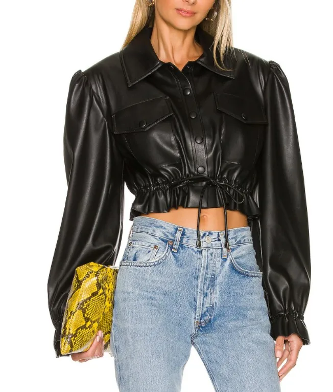 Women Coat Unique Design Long Sleeve Drawstring Short Collect Waist Leather Crop Jacket 2024 Spring Summer