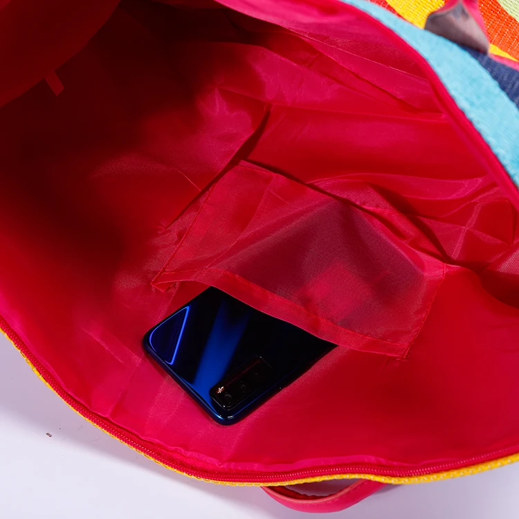 Handmade Lovely Travel Paper Fabric Tote Bag Rainbow Color Striped Pattern Beach Bags With Fluffy Tassels