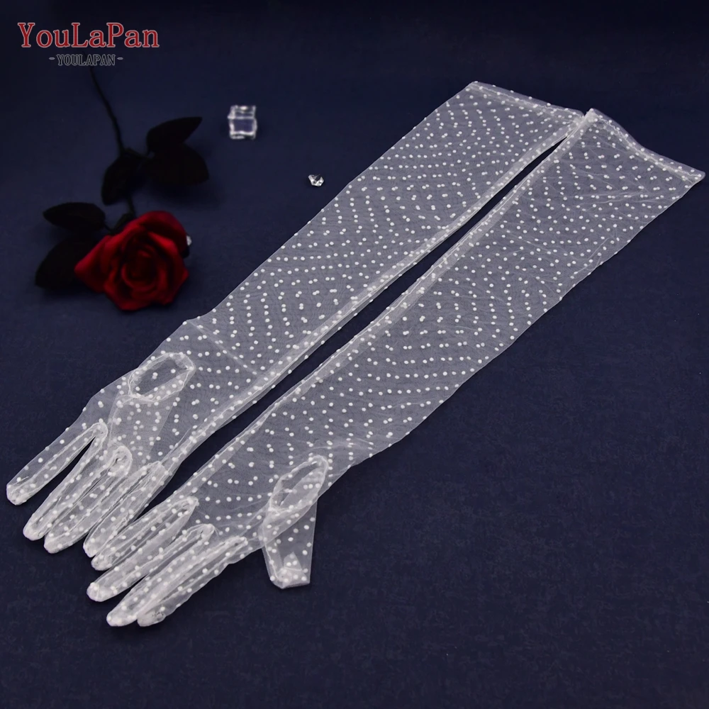 YouLaPan VM17 Exquisite Sergei Opera Gloves Wedding Long Beige Black Polka Dot Lace Full Finger Bridal Gloves