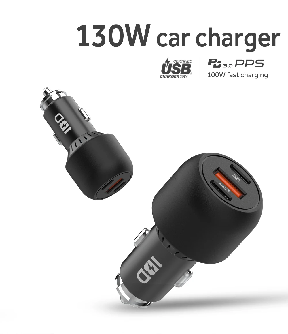IBD 2022 New Product 100W 3 Port Car Usb Qc 3.0 Charger Fast Charging Quick Charge Type-C 3 Usb Car Charger For Phone