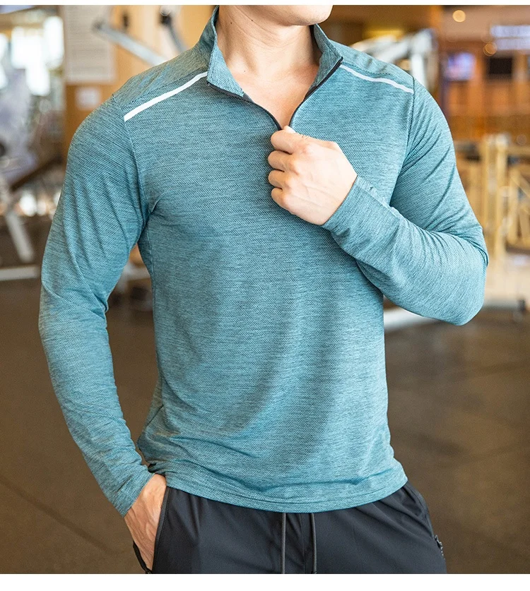 Quick dry plain long sleeve sports 1/4 zip up basic color muscle fitted gym training mens shirts