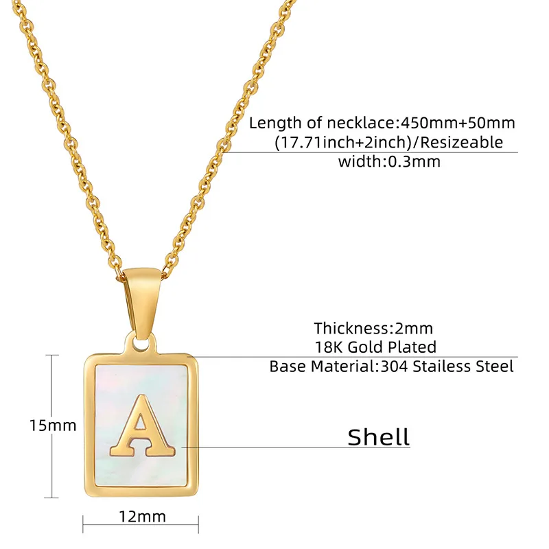 18k Gold  Stainless Steel A-Z Initial Letter Necklace Rectangle Natural Shell Initial Pendant Necklace