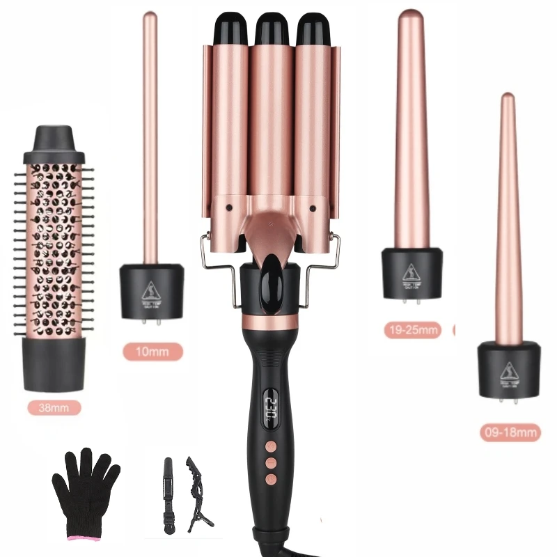 Professional Salon 5 In 1 Curl Waver Wand Curling Iron Ceramic Ionic Triple Rotating 3 Barrel Hair Curler