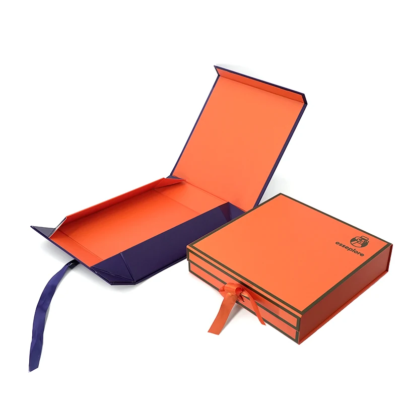 Wholesale custom luxury Folding gift box orange Magnetic Gift Paper Box Collapsible Packaging Boxes With Ribbon