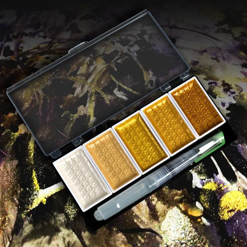 Wholesale 5 Colors Metallic Pearl Solid Watercolor Pigment Set with Fountain Pen