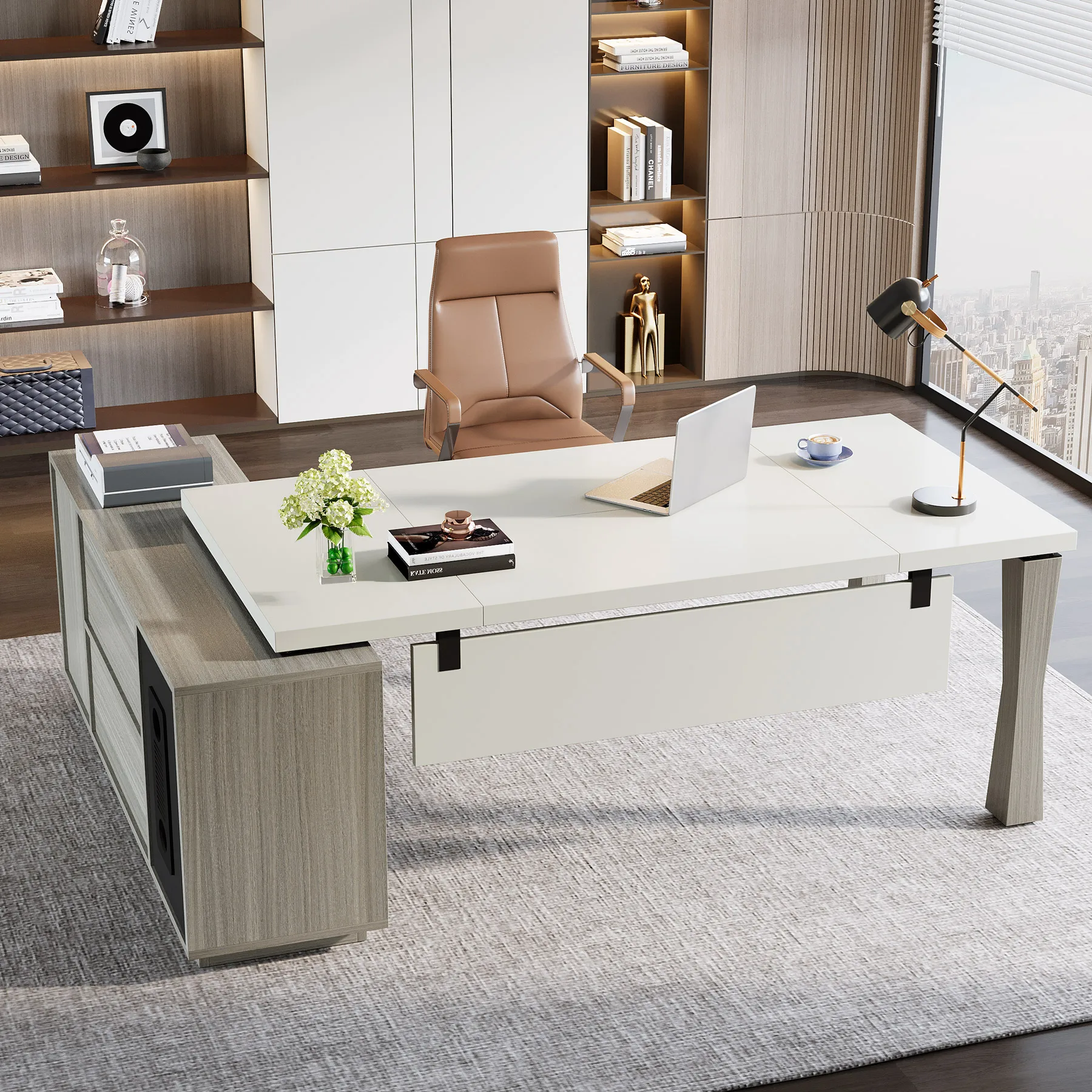 Tribesigns 71-Inch Executive Desk, L-Shaped Desk with Cabinet, Large Office Desk with Storage Shelves