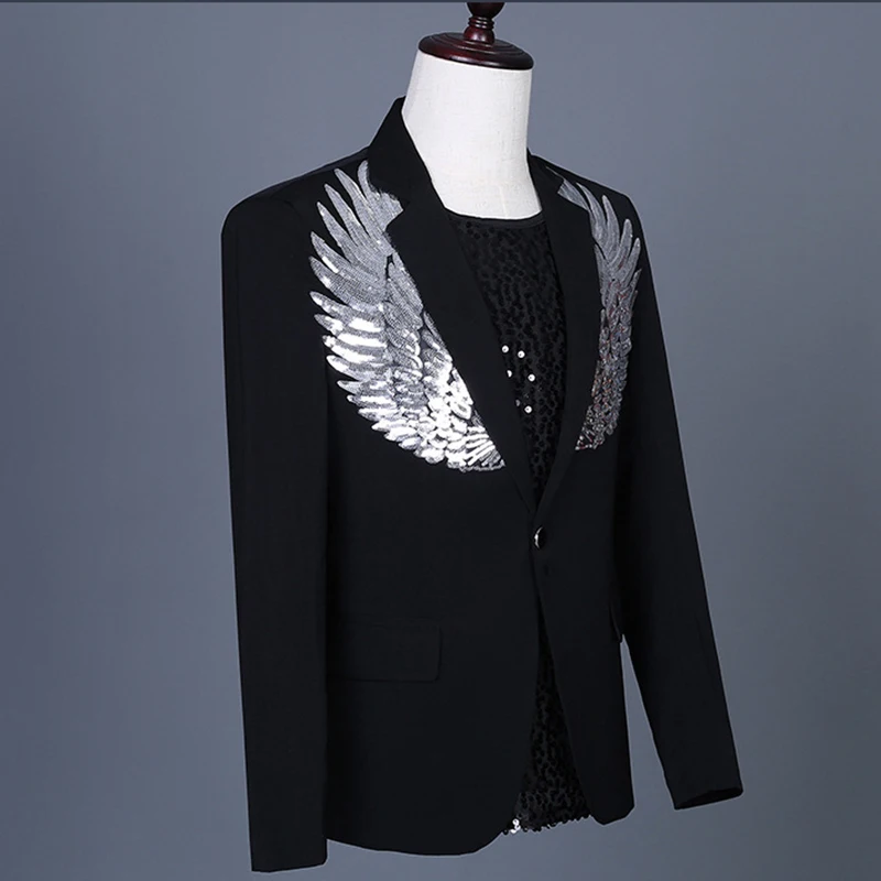 Классический белый черный костюм с блестками и узором в виде крыла, пальто для диджея, ночного клуба, новейший дизайн, певицы, для выступления, сценического шоу, роскошный костюм для мужчин