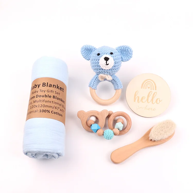 Newborn Toddler Shower Gift Set for Baby Boys and Girls Wooden Keepsake Muslin Bibs and Rattle in Elegant Gift Box