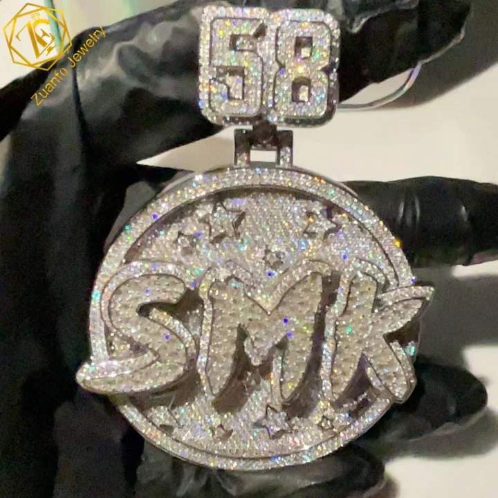 Custom hip hop jewelry high-end sparkle 925 sterling silver iced out baguette Round moissanite letter logo name pendant