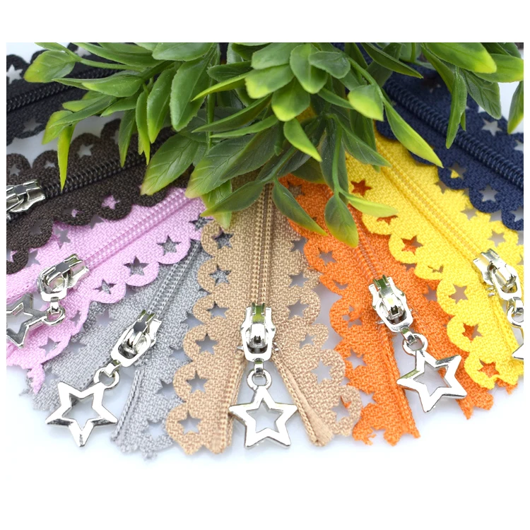 High Quality Closed End Colorful Nylon Lace Zipper 3# Zip Custom Star Nylon Zipper For Dress