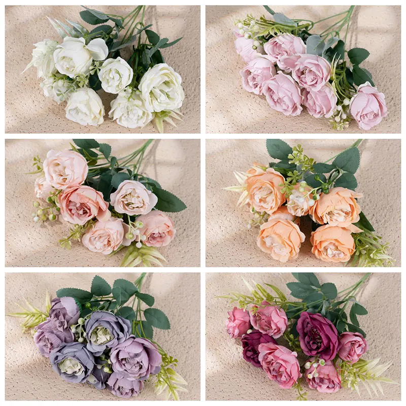 MW55506 High Quality Holding Silk Artificial Nice Peony Flower Wedding Bouquet With Plastic Greenery Accessories Faking Flower
