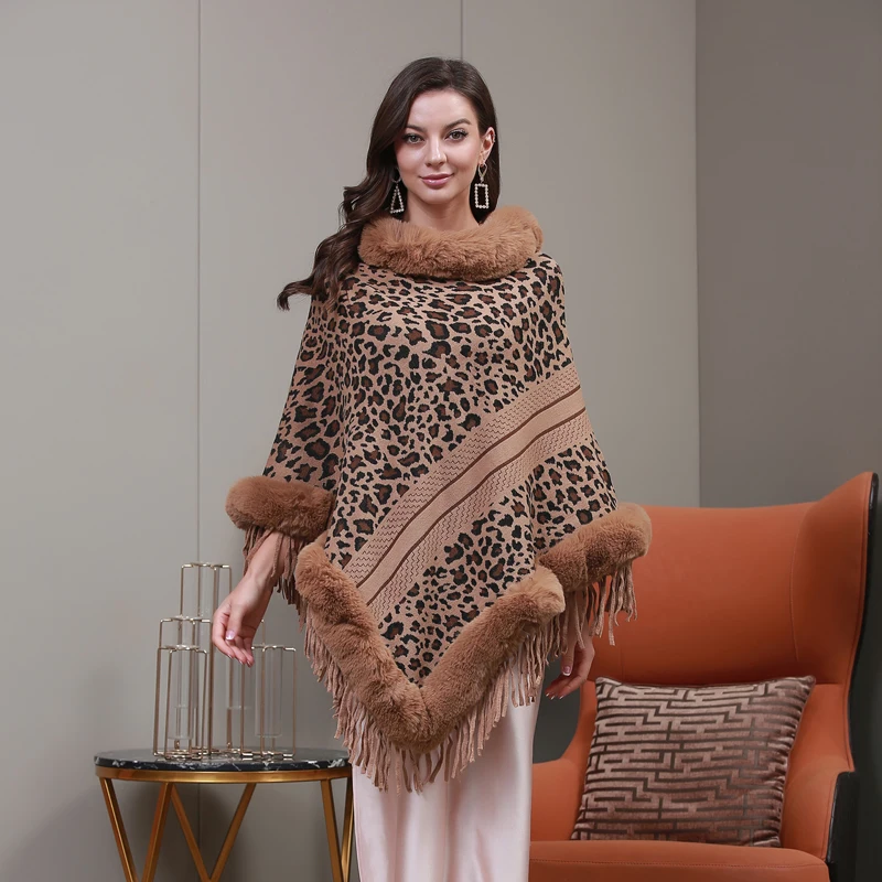 Factory Stock  New Design Elegant Ladies Imitation Fox Fur Collar Striped Hooded Big Shawl Ladies Knitted Shawl Poncho shawl
