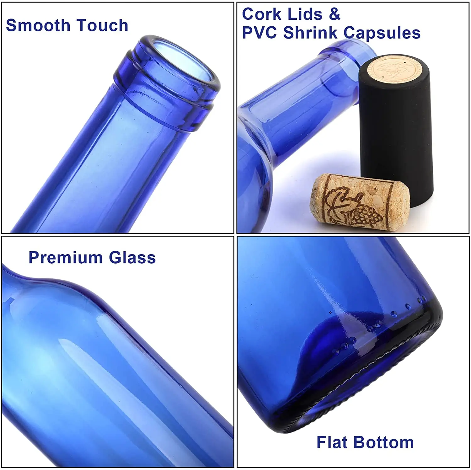 750ml Glass Empty Bottles Cobalt Blue Bottles with Corks and PVC Shrink Capsules Flat-Bottomed Empty Bottles for Beverage Drink