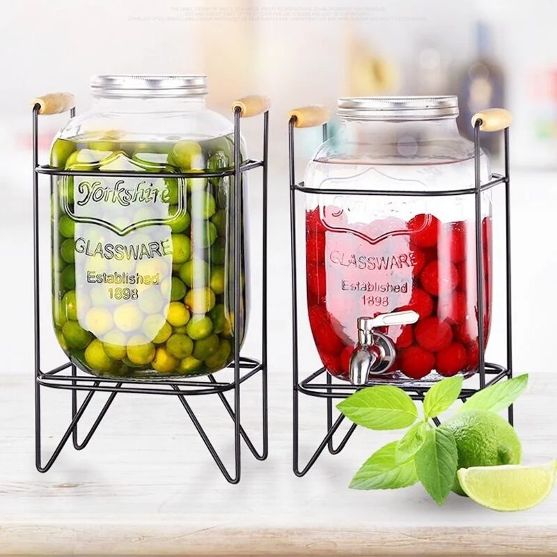 custom logo glass dispenser with metal stand and tap 4L 5L 8L mason jar glass beverage juice dispenser