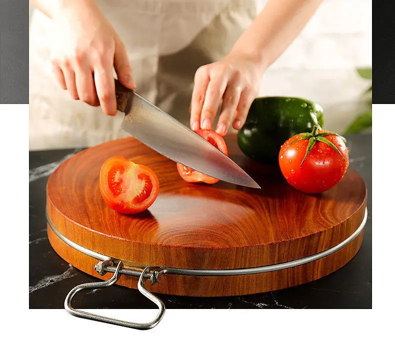 Custom Size Kitchen Thick Natural Eco-Friendly Safe Round Cutting Wood Board With Metal Handle