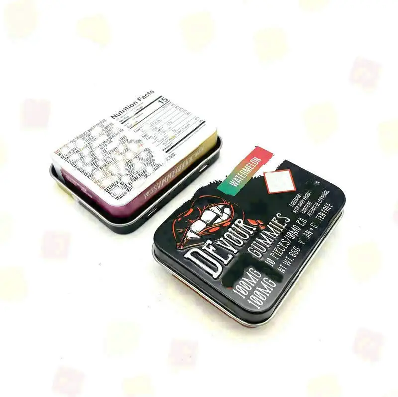 Retro Flip Hinged Child Proof Gummies Tin Box Packaging with Printing Butter Paper