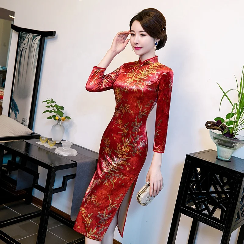 Облегающее платье-Ципао из бархатной ткани, до колена, с цветочным принтом и рукавом 3/4