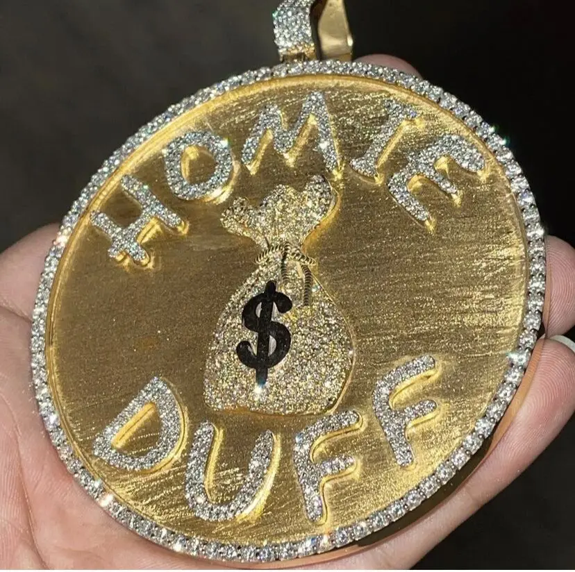 Fashionable Big Boy Piece 3.5inch 925 Sterling Silver Gold Plated Iced Out Money Shape Rounded Hip Hop Charm Pendant For Men