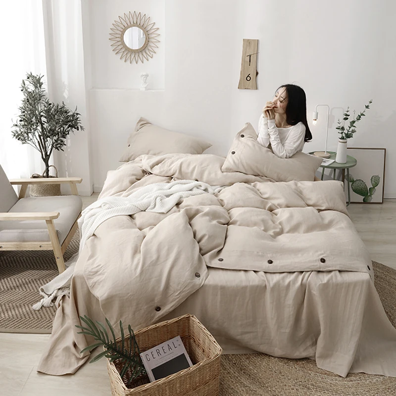 4 Pcs Linen Bedding Set Comforter Home European Style Natural Duvet Cover Bed sheet Flax Textile Quilt Bedsheets