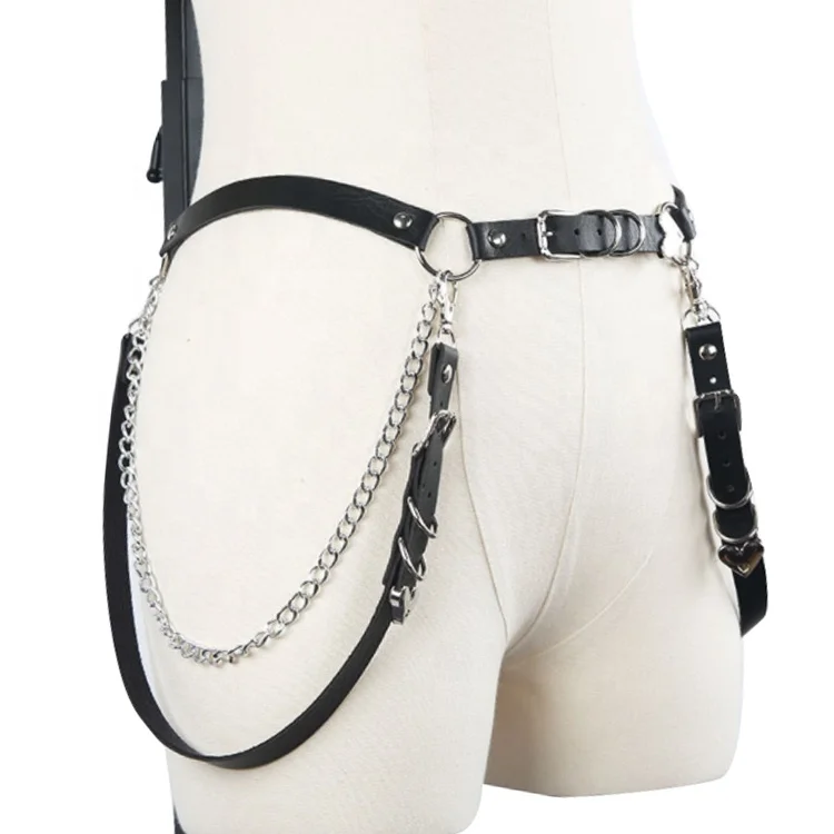 Latest New Nightclub Performance Costumes Sexy Leather Punk Outfit Jeans Decorative Bondage