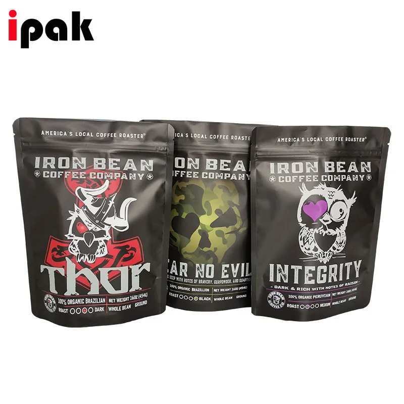Custom printing coffee packaging pouch smell proof food packaging zip lock matte black stand up pouch bags