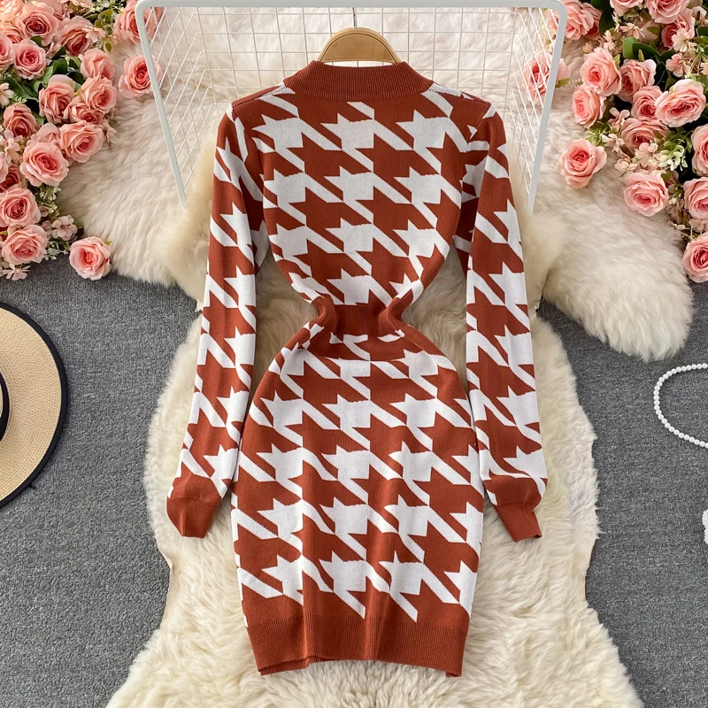 Dresses For Women 2021 Elegant Vintage Houndstooth Knitted Dress Autumn Winter V Neck Long Sleeve Mini Bodycon Dress