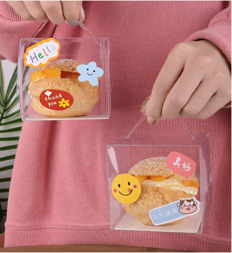 Wholesale 2 icnh Square Plastic Transparent PET Cheese Donut Puffs Food Packaging Sushi Pastry Box Clear Cake Box With Handle
