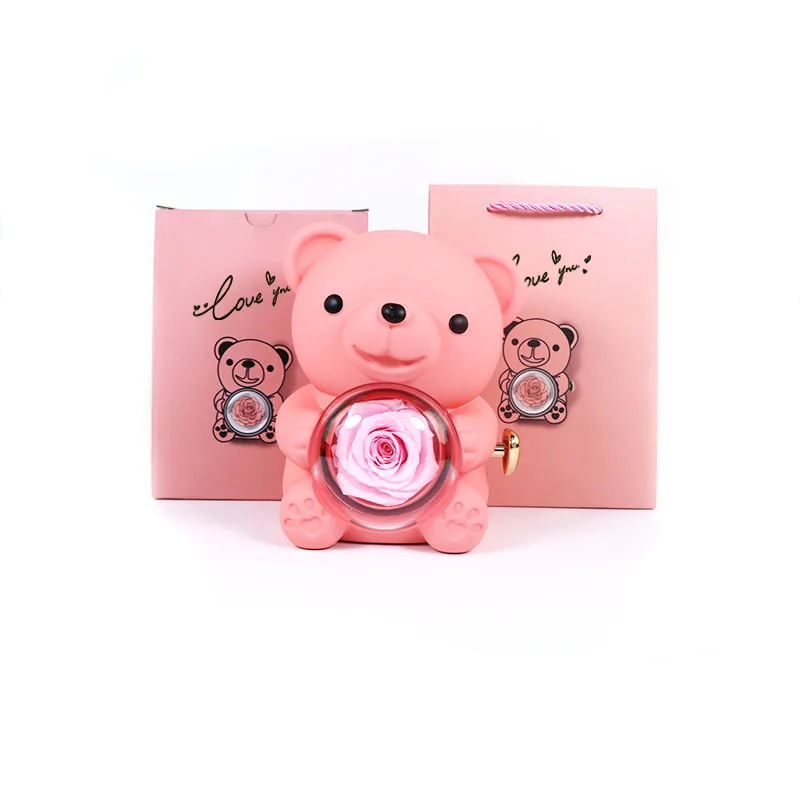 Rotating Hug Bear Rose Jewelry Box Acrylic Plastic Soap Flower Gift Box for Ring and Necklace Storage and Presentation