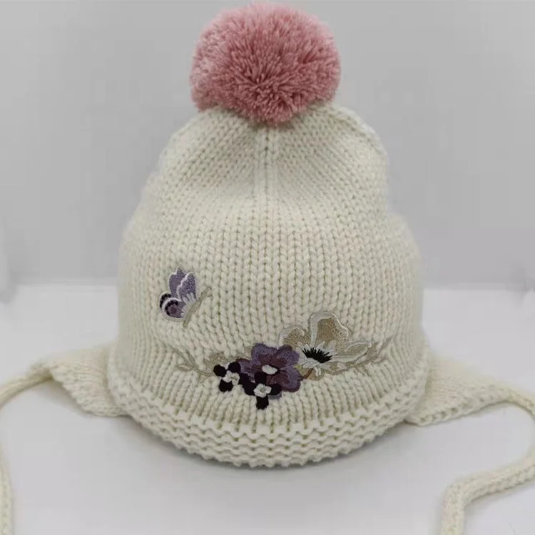 New Fashion Brand Embroidery Flowers Children Kids Toddler Warm Knitted Beanies With Ear Muff