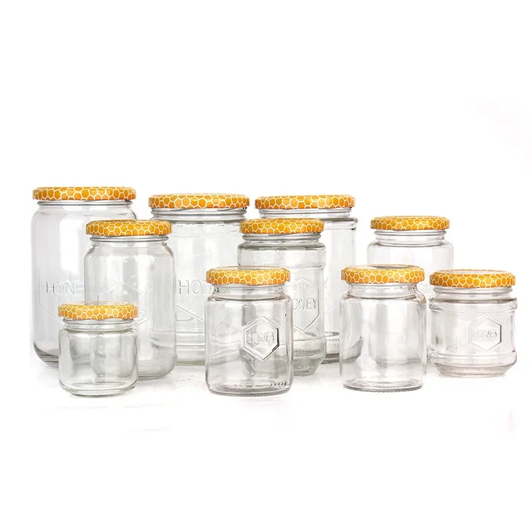 Stocked 100ml 300ml 700ml clear honey jam glass food bottles honey jar with metal lid
