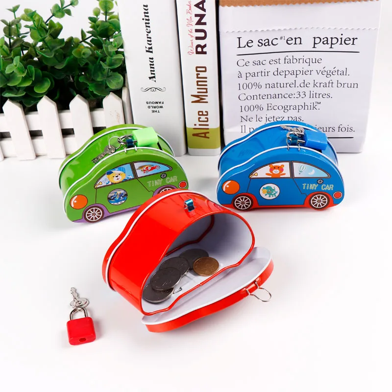 TOPSTHINK Wholesale cute tin piggy bank cartoon saving money bank tin box car shape for kids
