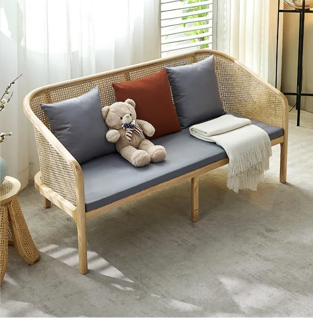 Nordic style living room natural rattan wood sofa set furniture with cane webbing