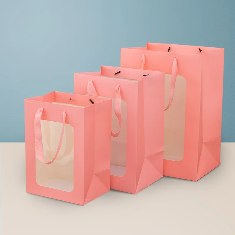 Custom Logo Eco-friendly Affordable Paper Bag Gift Packaging Bag with Lucency PVC Window Cardboard Offset Printing Drawstring
