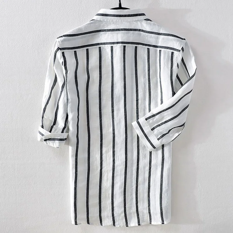 High quality custom cool breathable fancy striped half sleeve men casual  linen hemp shirts for summer