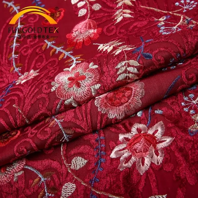 Hejin Custom Wholesale Elegant Knitted Red Velvet Jacquard Floral Embroidery Burnout African Lace Velvet Fabric for Clothing