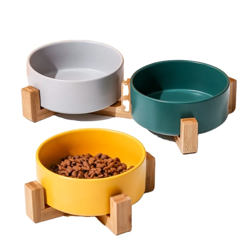 Factory Wholesale Multicolor Wooden Frame Pet Ceramic Dog Feeder Drinking Bowl Dispenser Bamboo Pet Food Bowl