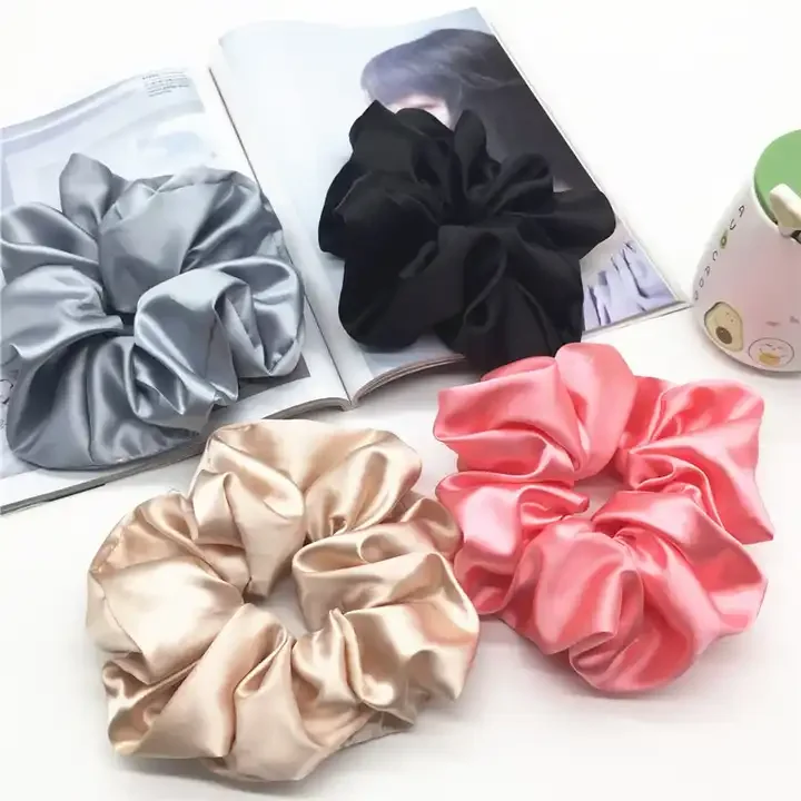 custom shiny metallic silk hair scrunchies ponytail holder satin scrunchies elastic band satin silk-like hair ties