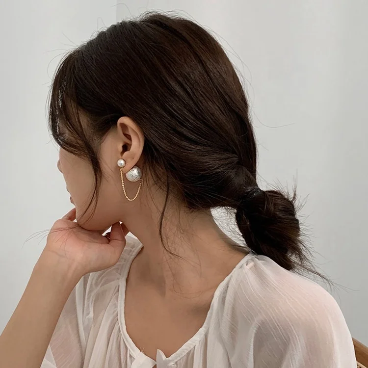 925 silver needle Korean double side design long statement double long pearl earrings