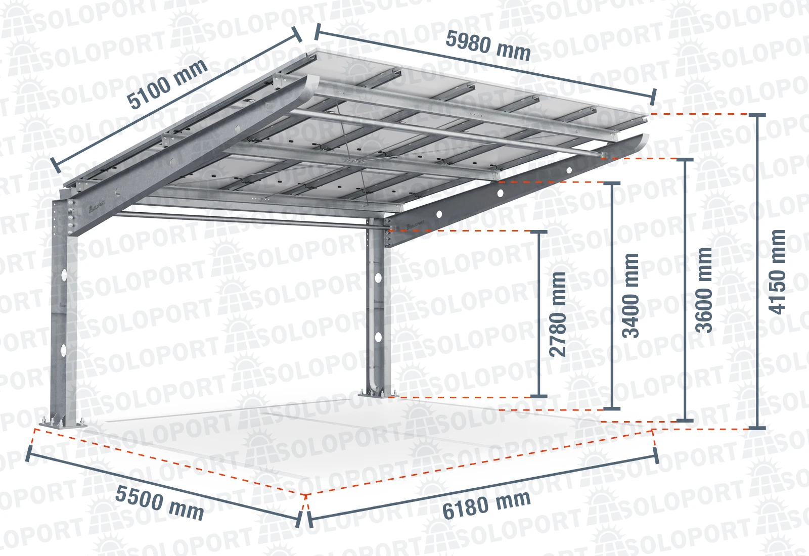 Soloport Brand PP2-G6300 One-Sided Car Park Canopy 15 Solar Modules Steel/Metal Car Park Roofing Base Field Carports Garages