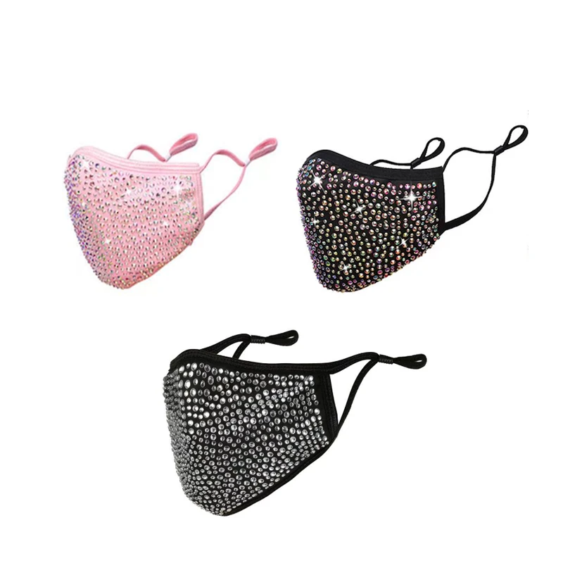 
Hot sell luxury fashion DIY sublimation blank cotton washable sequin bling face mask with pocket rhinestone facemask 