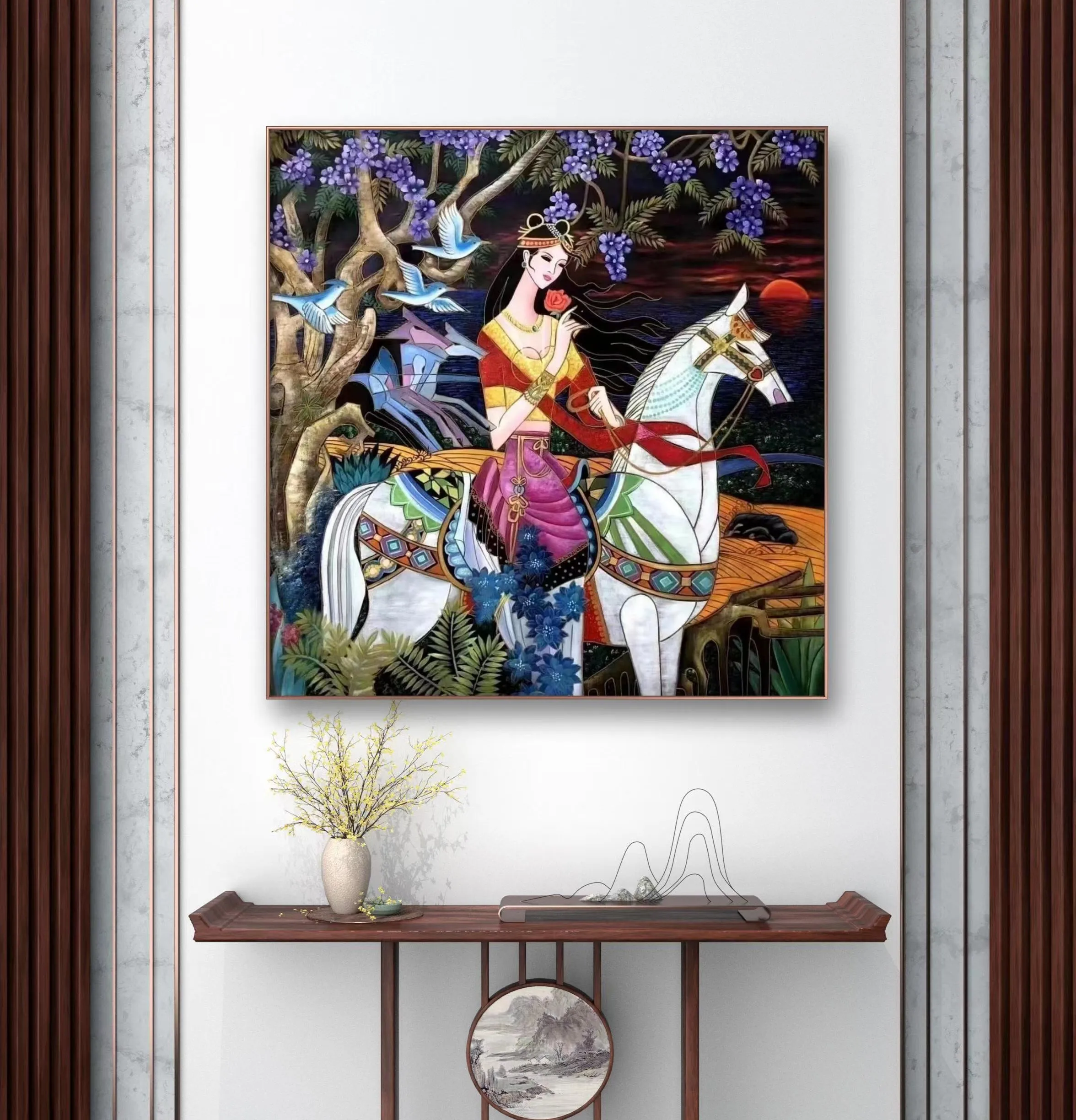 Hand drawn oil painting customized luxury home decoration sofa background bedroom decoration beauty riding horse painting