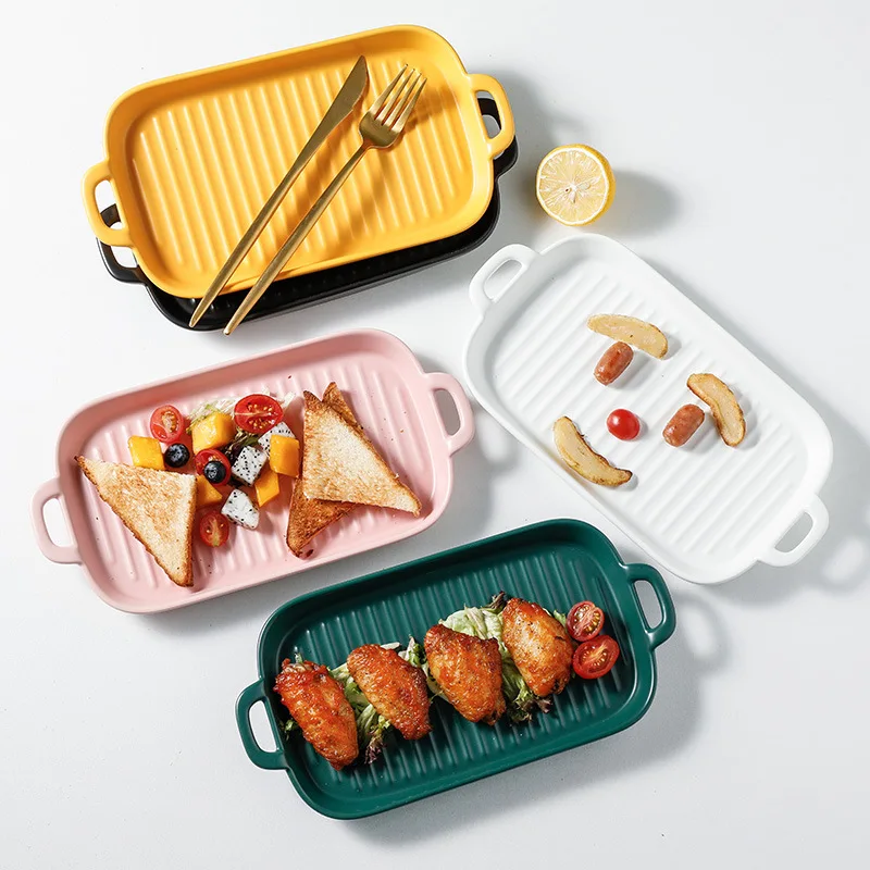 Wholesale Nordic Kitchenware Oven Grill Pan Ceramic Steak Baking Dish Oven Plate with Double Handles (CP005)