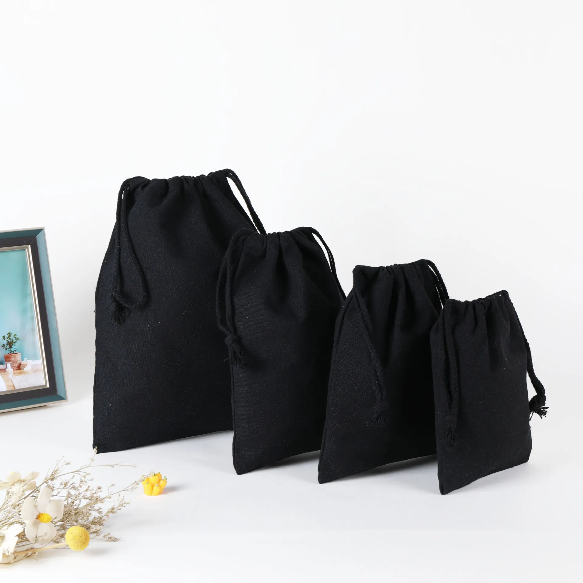 Cheap High Quality Versatile Pull String Bag Custom Recycled Black Cotton Dust Pouch Canvas Shoe Packaging Drawstring Bags