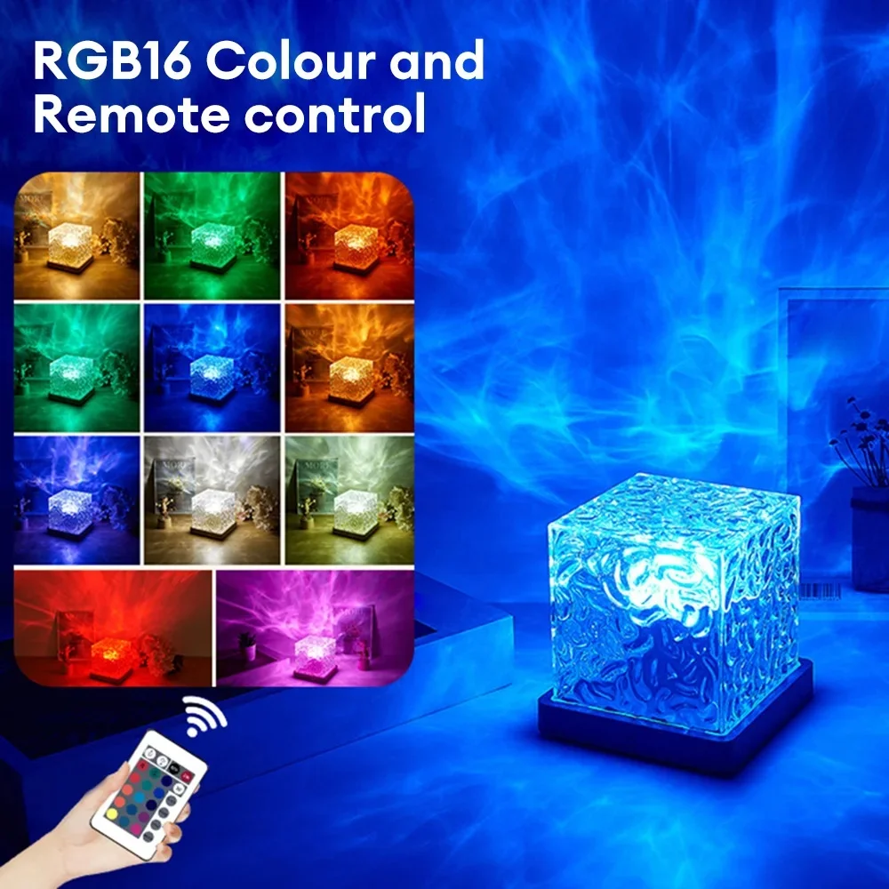 3d 16 Colors Rotating Crystal Aurora Lamp Blue Dynamic Water Ripple Cube Lamp Table Night Lamp