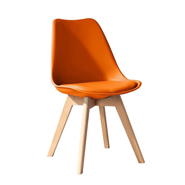 
mid century nordic decoration home plastic cushion leather dining chair with solid wood cross legs 